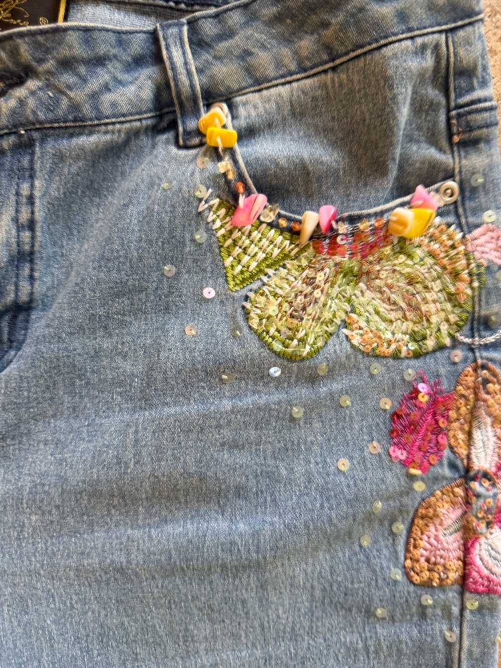 Y2K VTG Diane Gilman Cutie Girly Embellished Floral Sequin Crop Jean Capris 12 - Picture 4 of 8